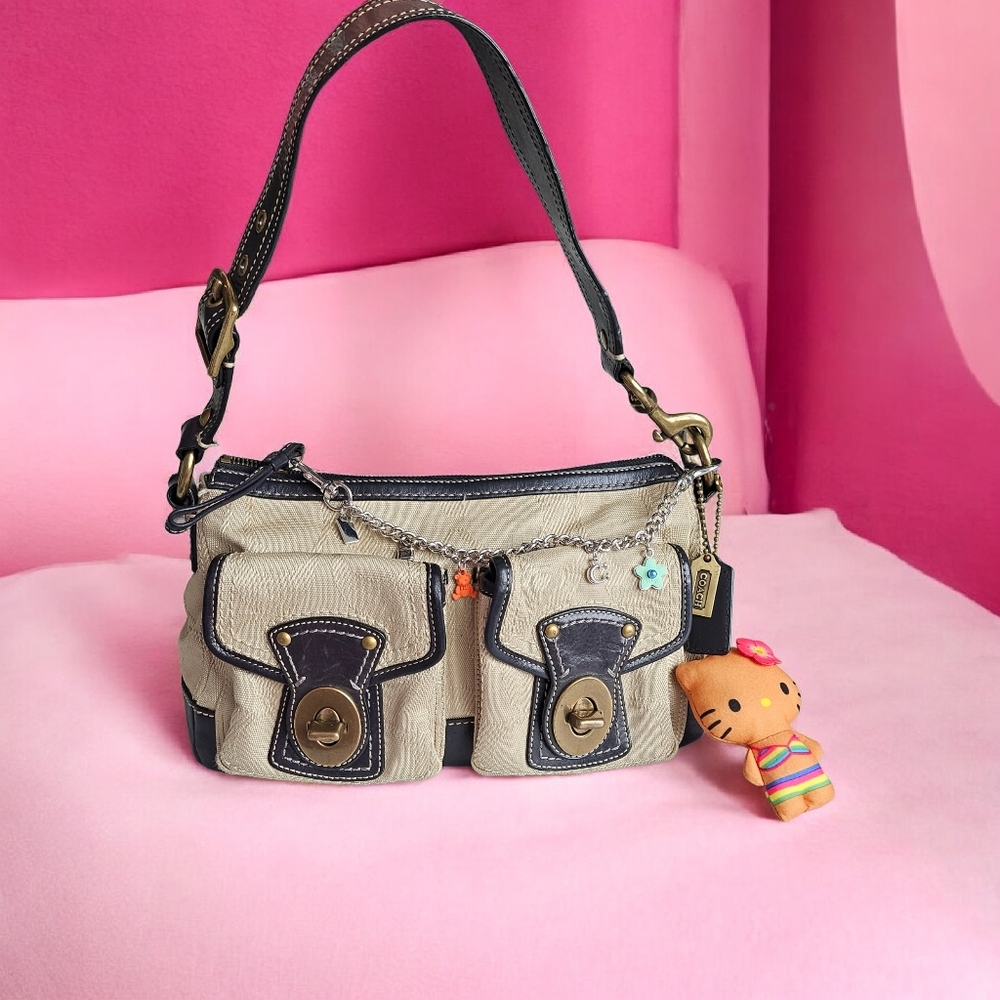 Coach Legacy Beige & Brown Leather Double Turnlock Y2K Shoulder Bag 13102
